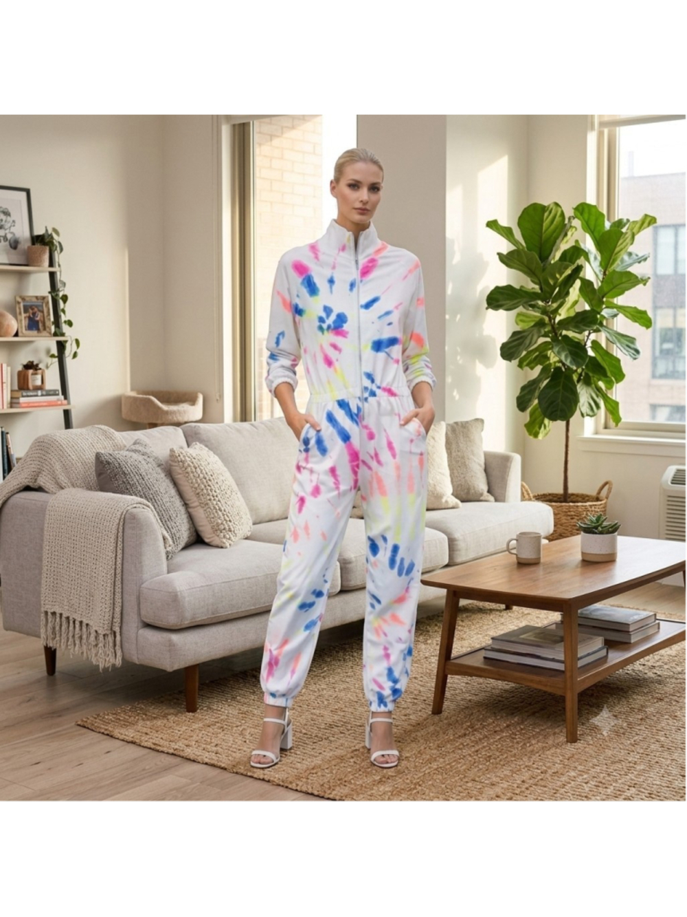 NWT Lezat Restore Tie-Dye Zip-Front Jumpsuit XS Bright Neon Loungewear Soft USA